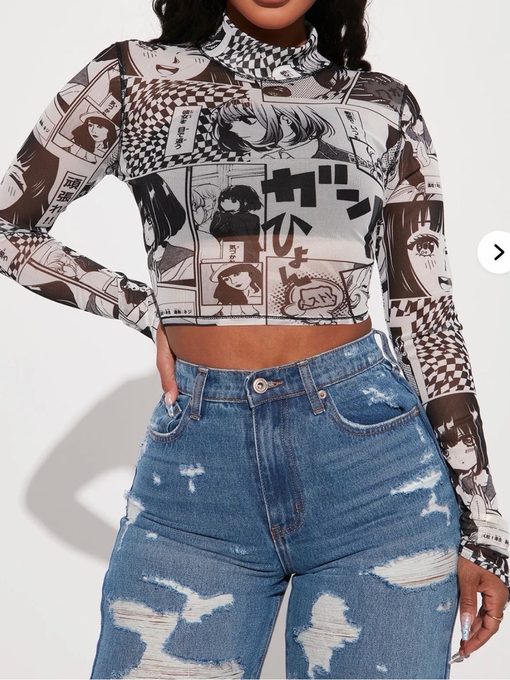 NWT Fashion Nova Black & White Anime-Print Mesh Crop Top